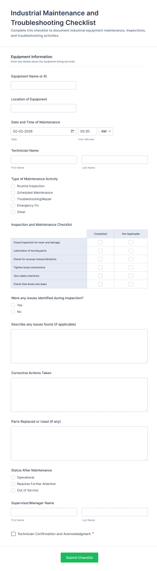 Industrial Maintenance And Troubleshooting Checklist Form Template