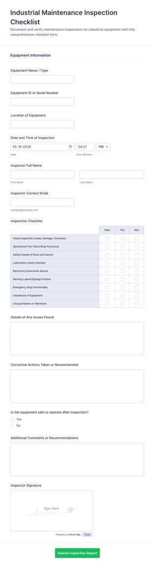 Industrial Maintenance Inspection Checklist Form Template