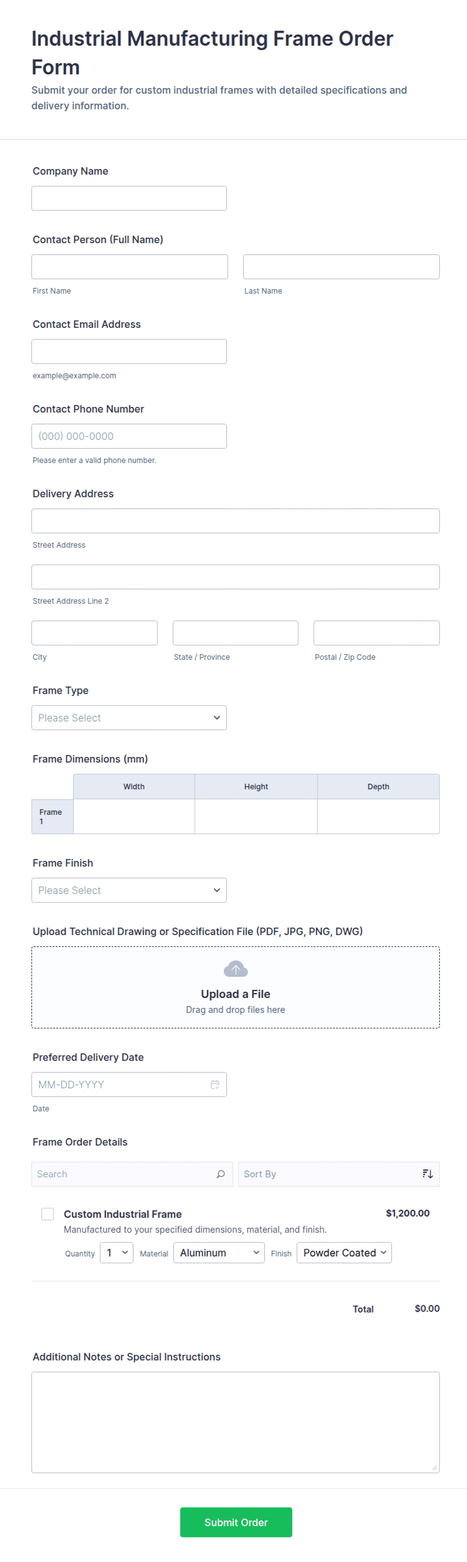 Industrial Manufacturing Frame Order Form Template | Jotform