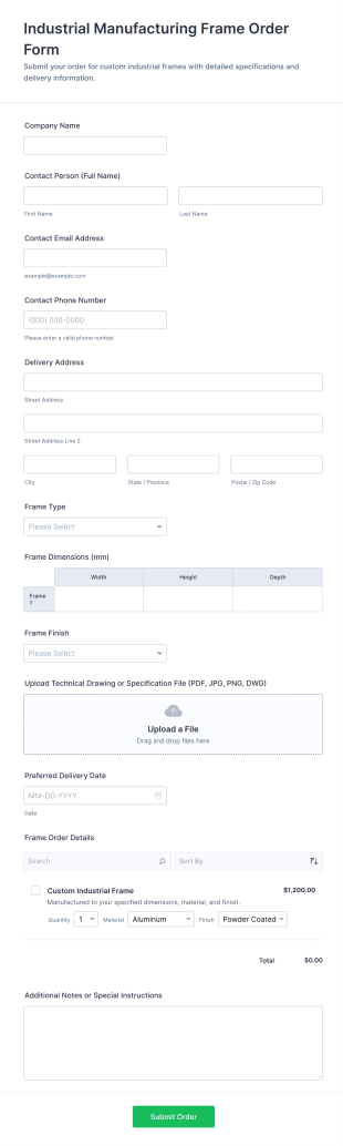Industrial Manufacturing Frame Order Form Template