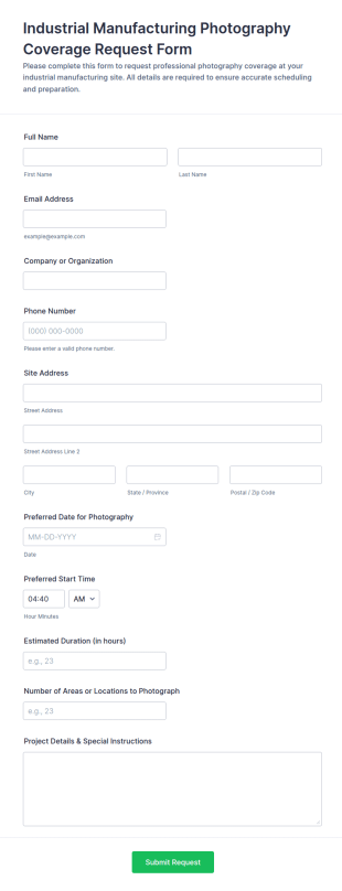 Industrial Manufacturing Photography Coverage Request Form Template
