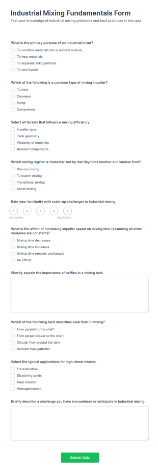 Industrial Mixing Fundamentals Quiz Form Template