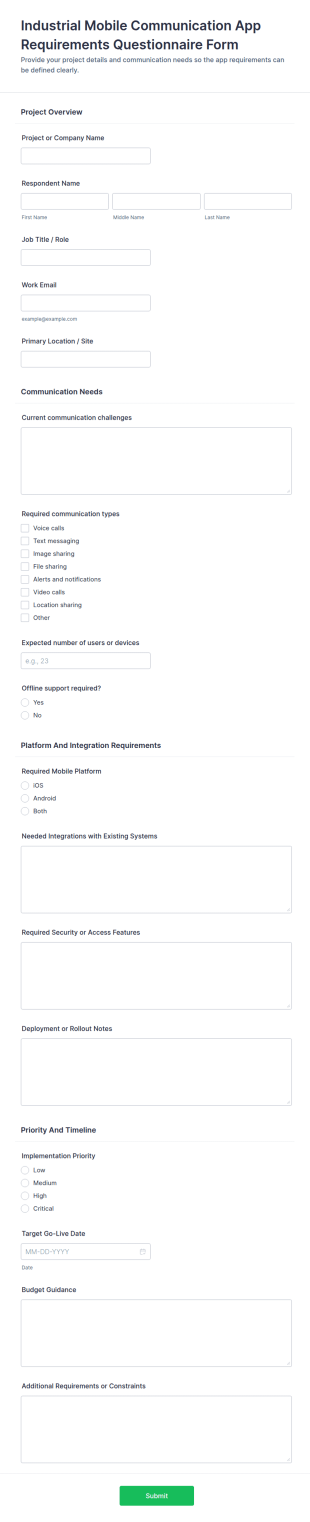 Industrial Mobile Communication App Requirements Questionnaire Form Template