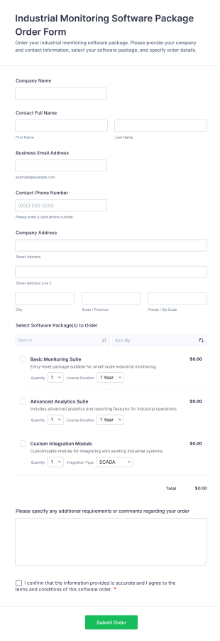 Industrial Monitoring Software Package Order Form Template