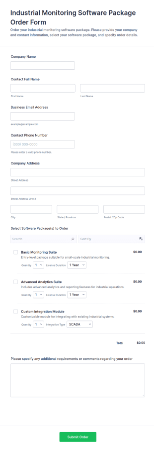 Industrial Monitoring Software Package Order Form Template