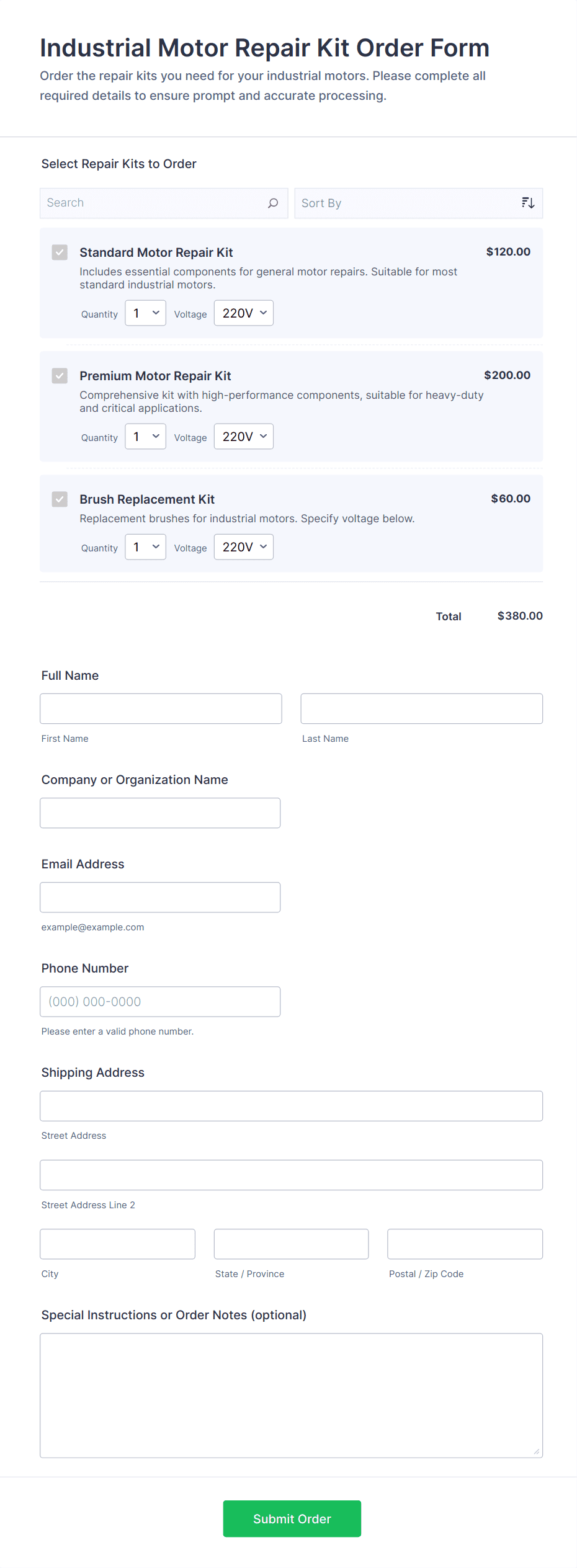 Industrial Motor Repair Kit Order Form Template | Jotform