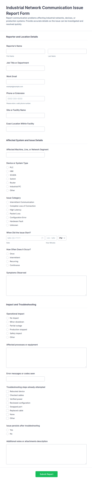 Industrial Network Communication Issue Report Form Template