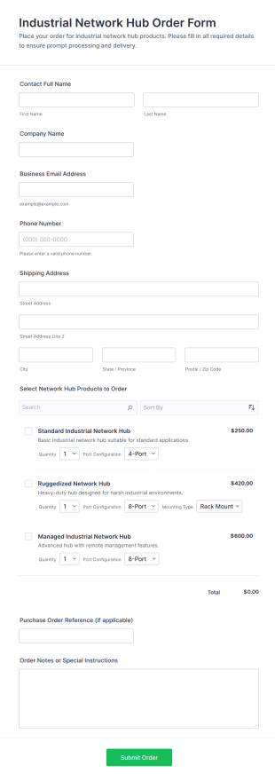 Industrial Network Hub Order Form Template