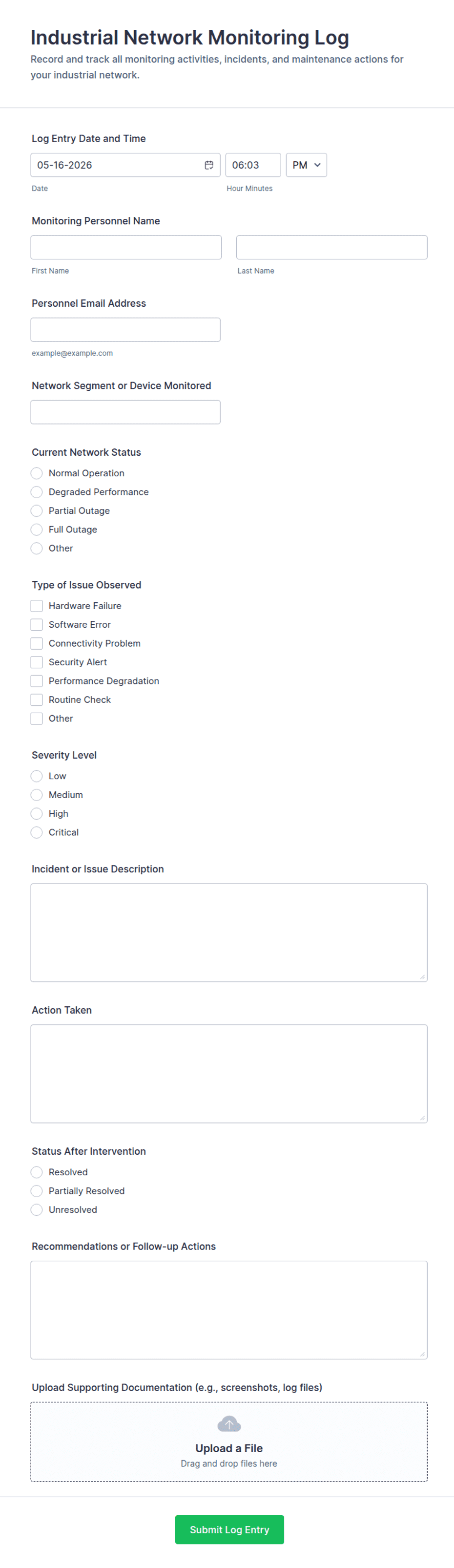 Connection Log Form Industrial Network Monitoring Log Form Template | Jotform