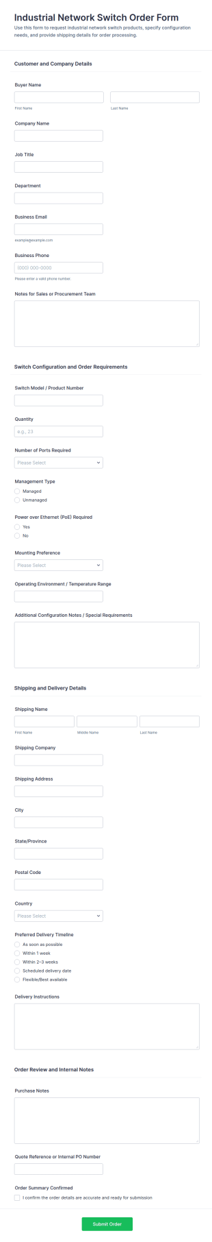 Industrial Network Switch Order Form Template