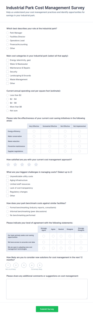 Industrial Park Cost Management Survey Form Template