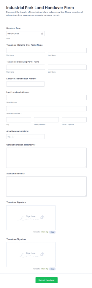 Industrial Park Land Handover Form Template