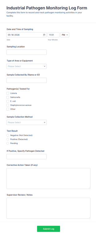 Industrial Pathogen Monitoring Log Form Template