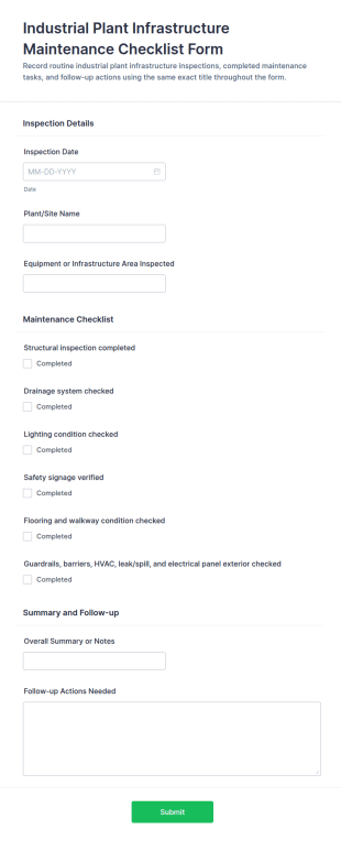 Industrial Plant Infrastructure Maintenance Checklist Form Template