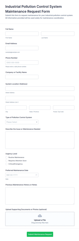 Industrial Pollution Control System Maintenance Request Form Template