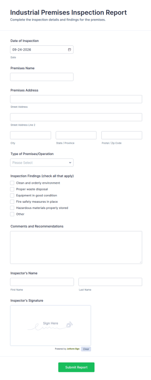 Industrial Premises Inspection Report Form Template