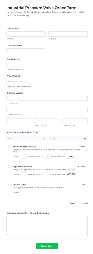 Industrial Pressure Valve Order Form Template