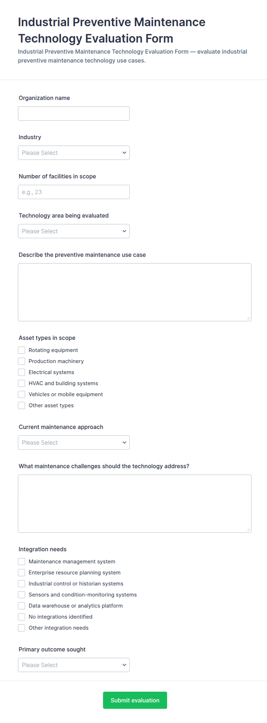 Industrial Preventive Maintenance Technology Evaluation Form Template ...
