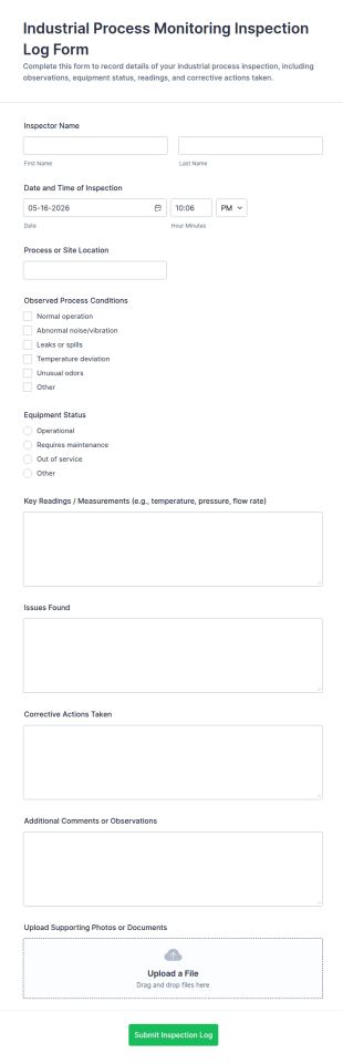 Industrial Process Monitoring Inspection Log Form Template