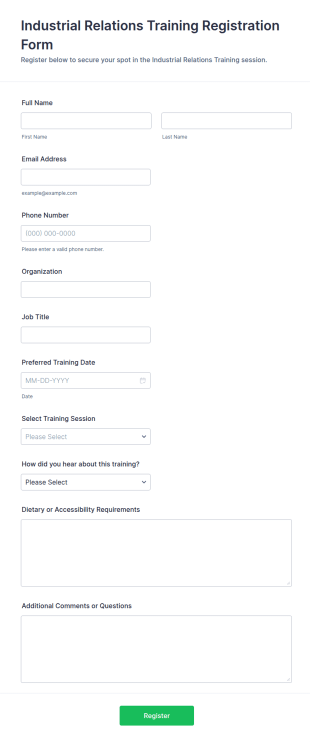 Industrial Relations Training Registration Form Template