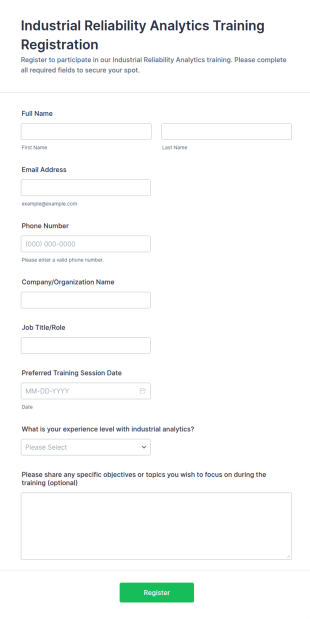 Industrial Reliability Analytics Training Registration Form Template