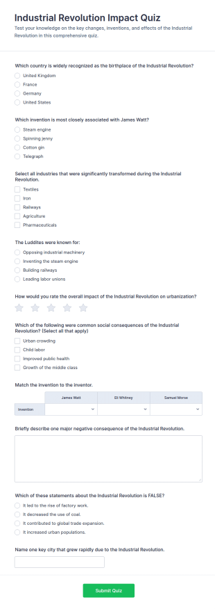 Industrial Revolution Impact Quiz Form Template