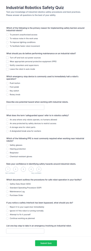 Industrial Robotics Safety Quiz Form Template