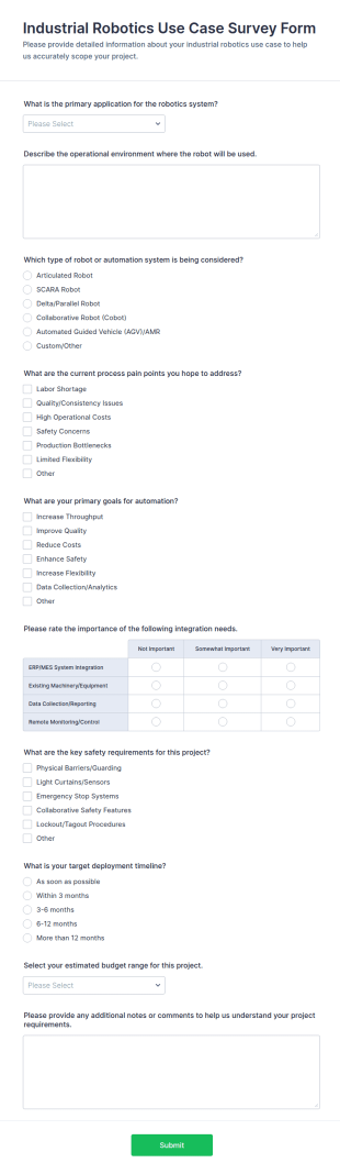 Industrial Robotics Use Case Survey Form Template