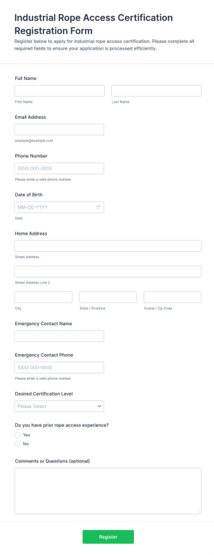 Industrial Rope Access Certification Registration Form Template
