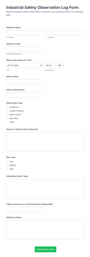 Industrial Safety Observation Log Form Template