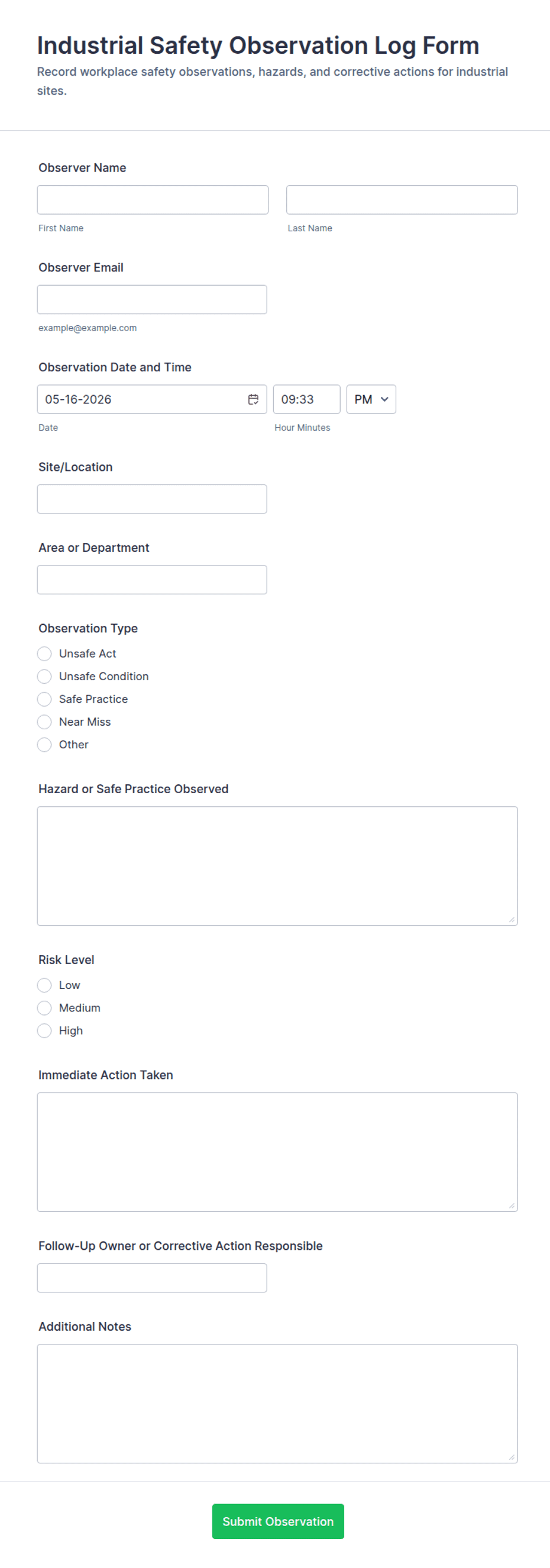 Quality Observation Log Industrial Safety Observation Log Form Template | Jotform