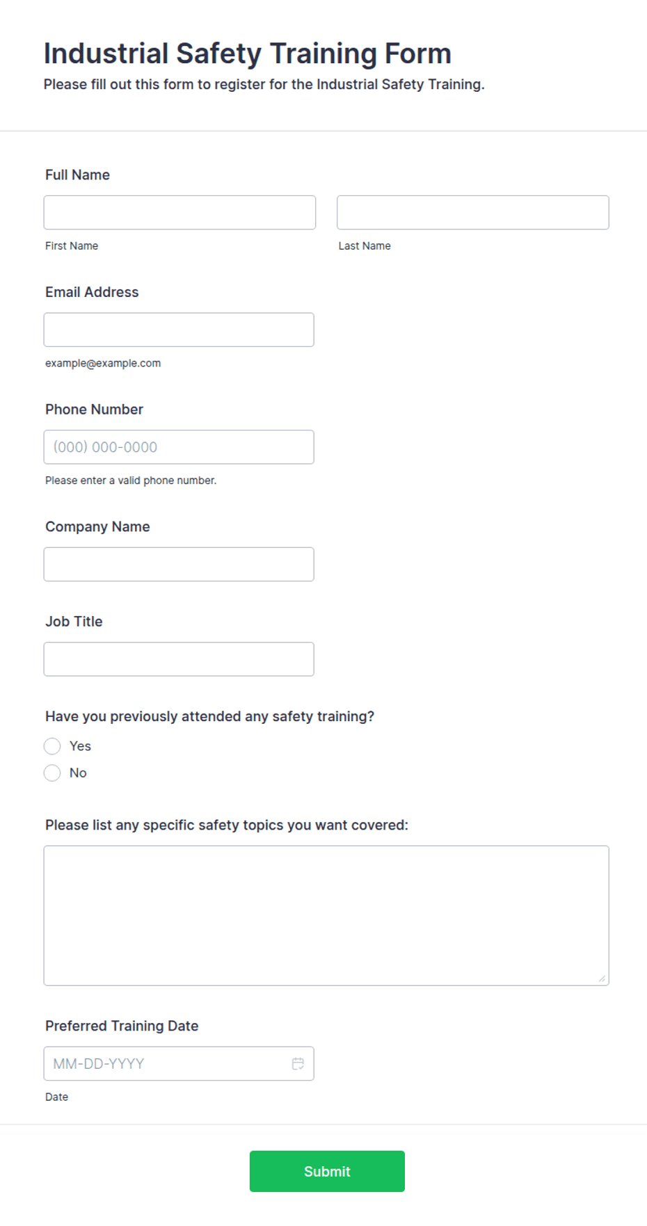 Safety Chain Forms Examples Industrial Safety Training Form Template | Jotform