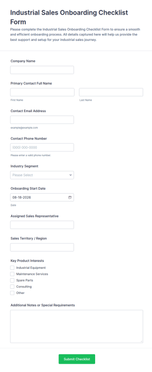 Industrial Sales Onboarding Checklist Form Template