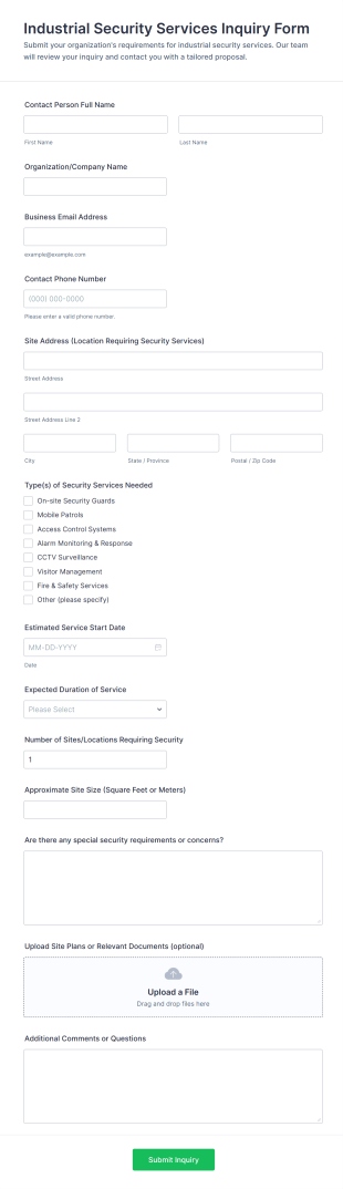 Industrial Security Services Inquiry Form Template