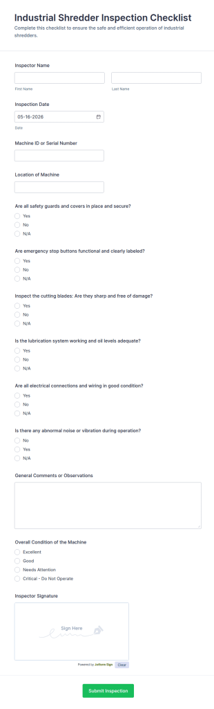 Industrial Shredder Inspection Checklist Form Template