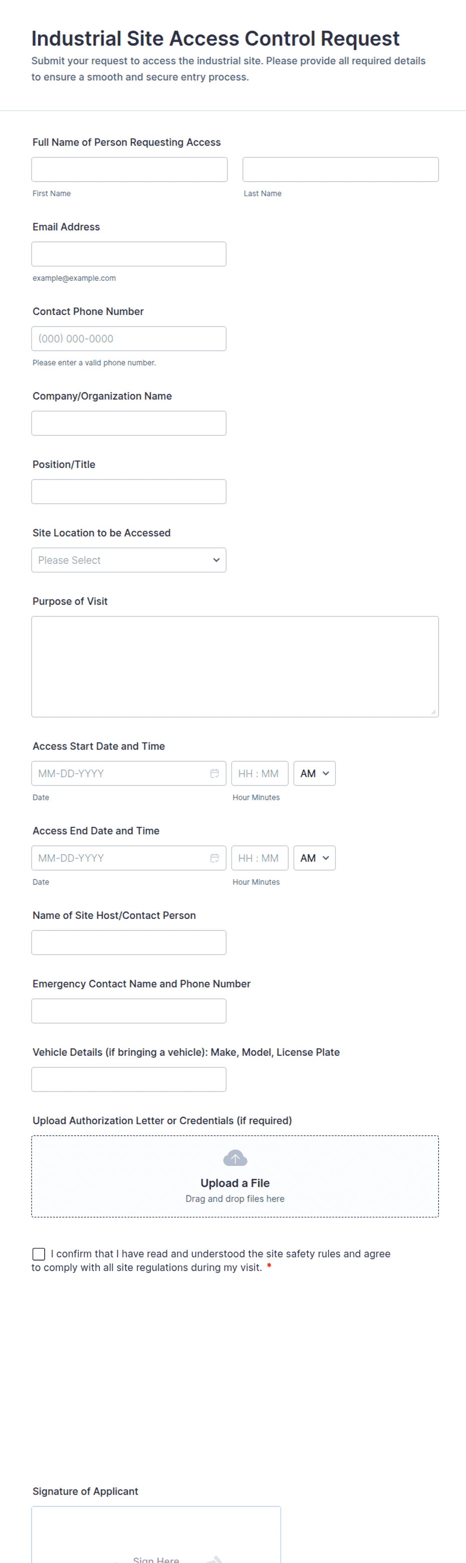 Control Request List Industrial Site Access Control Request Form Template | Jotform