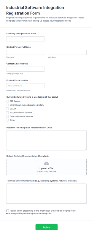 Industrial Software Integration Registration Form Template