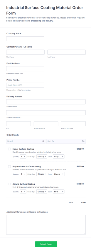 Industrial Surface Coating Material Order Form Template