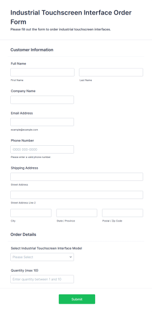 Industrial Touchscreen Interface Order Form Form Template