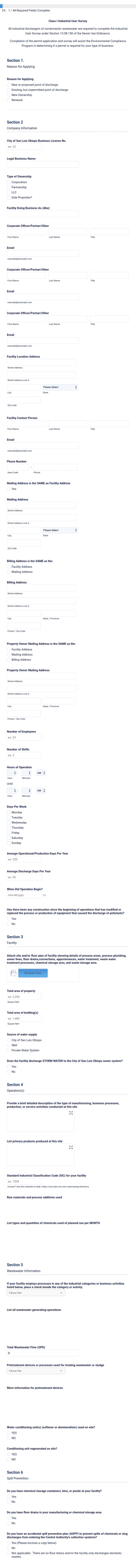 Industrial Wastewater User Survey Form Template