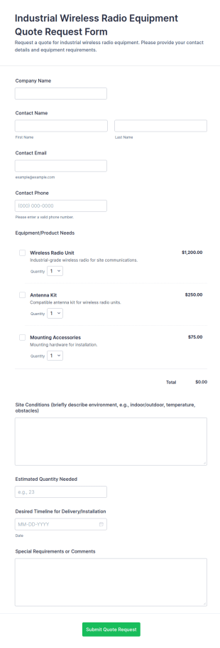 Industrial Wireless Radio Equipment Quote Request Form Template