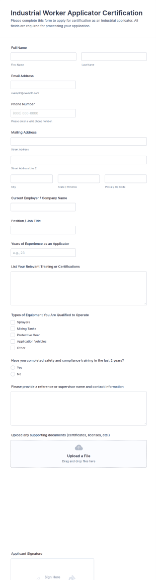 Industrial Worker Applicator Certification Form Template