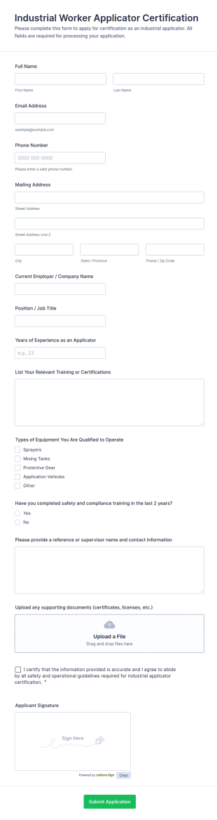 Industrial Worker Applicator Certification Form Template