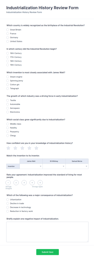 Industrialization History Review Quiz Form Template