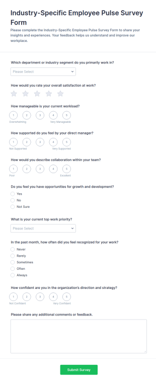 Industry Specific Employee Pulse Survey Form Template