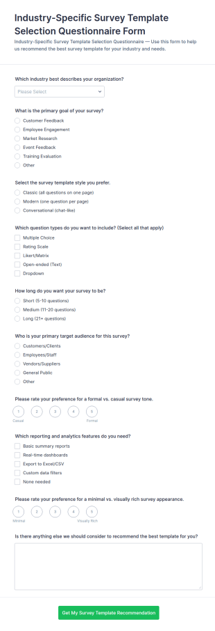 Industry Specific Survey Template Selection Questionnaire Form