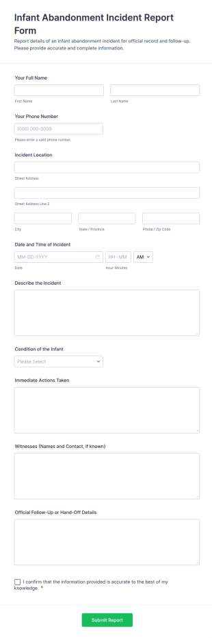 Infant Abandonment Incident Report Form Template