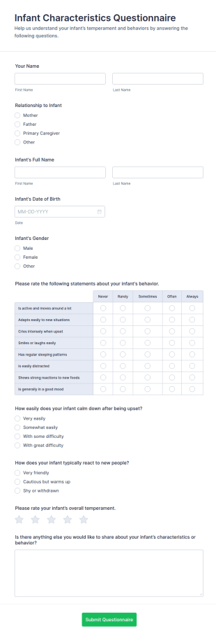 Infant Characteristics Questionnaire Form Template