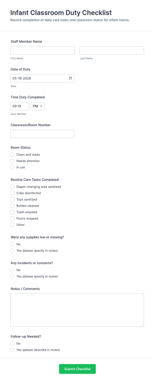 Infant Classroom Duty Checklist Form Template