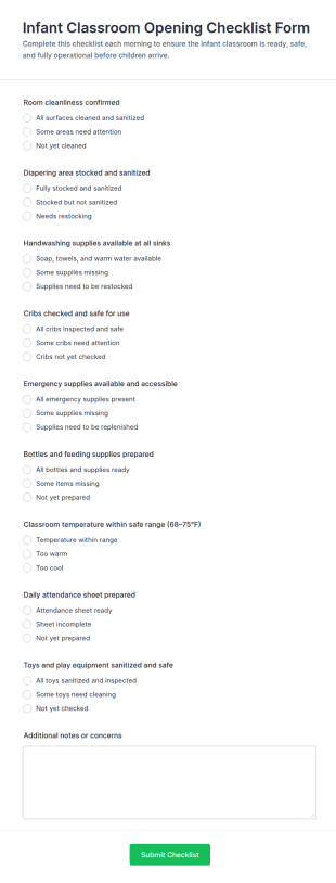 Infant Classroom Opening Checklist Form Template